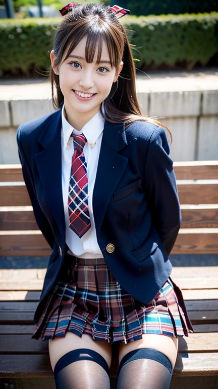 AKB、、high school girl、bench、brown hair twintails、navy blue blazer、check skirt、sit、thighs、smile、looking at the camera、Japanese