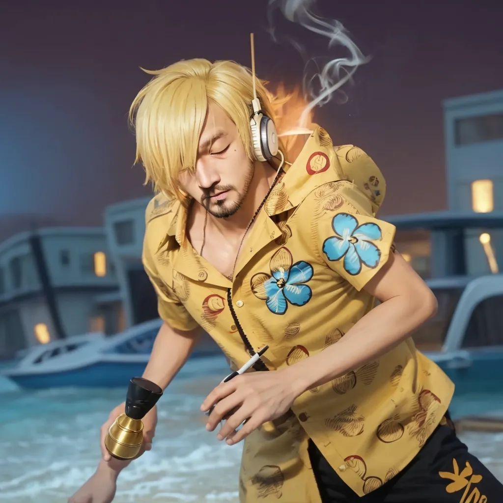 SaltBaeMeme, salt, sunglases, 1man, solo, (masterpiece), best quality, ultra-detailed, Sanji from One Piece, Retro style, fashion cloth, fancy. pirate village, cooking big steak, restaurant.