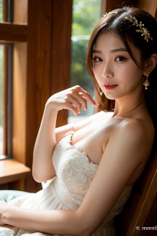50 year old mature woman、Classy sex appeal、Beautiful woman、sexy、Beautiful breasts high quality、透明Whitening skin、Perfect natural light、8K High Resolution、High resolution、Glowing Beautiful Skin、Transparent beauty、Realistic、Looking at the camera、Whitening skin、masterpiece、Moist eyes、Nasolabial folds、Bright spot、Gravure quality、Floral、Brown Hair、Fantastic other world、Wearing noble robes、royal hall hall、Beautiful gown