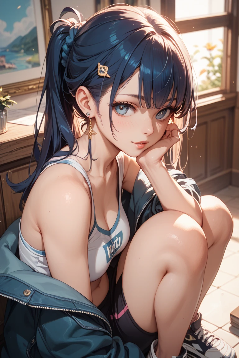 (Ultra Real), (Illustration), (High resolution), (8K), (sehr detailiert), (beste Illustration), (Lovely, detaillierte Augen), (best quality), (ultradetailliert), (Meisterwerk), (Nekko-Hintergrundbild), (detailliertes Gesicht), Bett, Top-Body-Up, kurzes Haar, Blaue Haare, pinke Blume, Achseln, smile, Klumpen, Allein, Simple white top tank top girls, verschwitzt, Japaner, large,