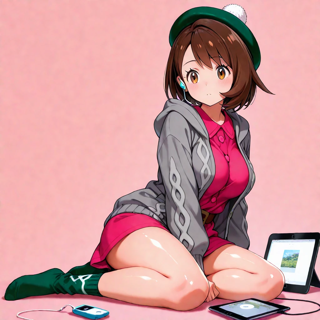 , , masterpiece, best quality, highres, gloria1, 1girl, gloria \(pokemon\), poke ball \(basic\), brown hair, solo, holding poke ball, backpack, brown eyes, tam o' shanter, grey cardigan, pink dress, short hair, green socks, socks, brown bag, bob cut, bangs, long sleeves, collared dress, field, grass, full body, boots,