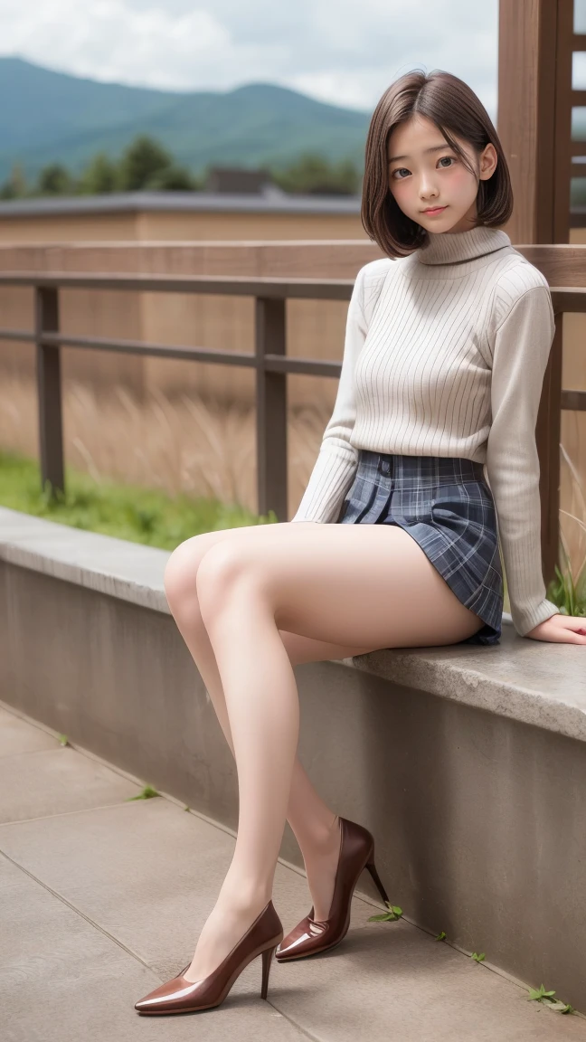 (reality: 1.4),highest quality, masterpiece, high detail, 16K quality, beautiful, 1 beautiful girl,japanese,super beautiful face,baby face,japanese idol face,cute face,super detailed face,detailed hand,beautiful skin,oily skin,big eyes,profeccional lighting,medium hair,black hair,brown beautiful eyes, sitting whith knee up,arms behind back,big smile,legs spread,spread pussy,(skirt lift),big breasts,(topless),(checked skirt),(spread pussy),detailed pussy,black high socks,she is looking at the camera,Skyscraper rooftop,blue sky, nsfw,from below,