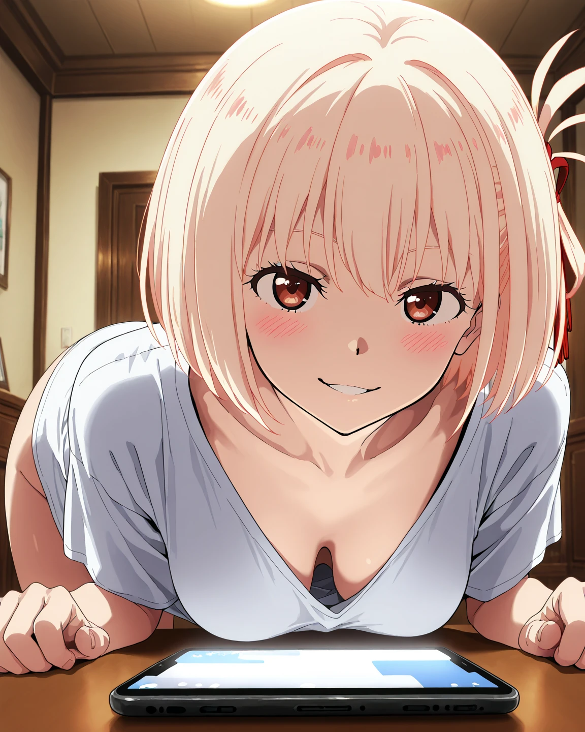 (Nishikigi Tisato:1:2) (anatomical:1.2),(Beauty of form:1.4) Golden ratio,((masterpiece)), ((Best Quality)), (Ultra-detailed), Anime style, Cute , 1girl in, Solo, 8k, sitting on the bed , no pant,no bra , young girl , flat chest, bare shoulders, black hair, Kyoto animation quality,Kyoto animation detail, Full Nude:1.8,