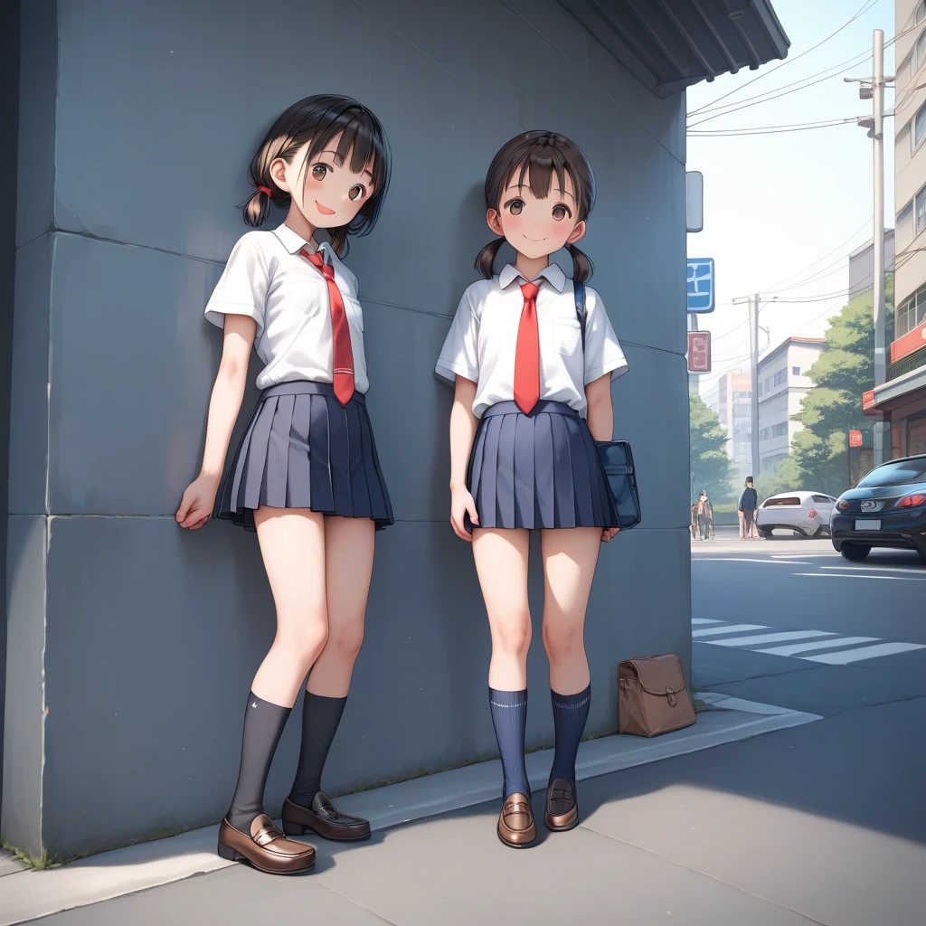 masterpiece, High resolution, Realistic, Black Hair, Asian Girl, Ponytail, Hair Ribbon,(very young face).○, A girl wearing a pink idol dress (((Beautiful thighsを露わにするキラキラアイドルドレス:1.2)))、(Wearing folded over, Too short mini frill skirt), (Black Hairのアジア人), Outdoor, ponytail, Are standing, Outdoor, wearing red Backpack, (Backpack:1.1) (赤いBackpack:1.2)、((Beautiful thighs:1.39)),((Lovely:1.4)), Standing Full Body, wearing red boots, (boots:1.2), Pony Neck Ribbon, Red hair ribbon 