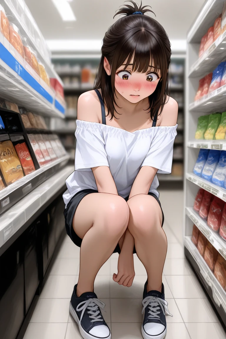 masterpiece, best quality, girl, 10yo, (petite), cowboy shot,
 embarrassed, squatting, sundress lift, open clothes, nipples show off, flat chest, pussy,
 Konbini, shop, indoors, convenience store,