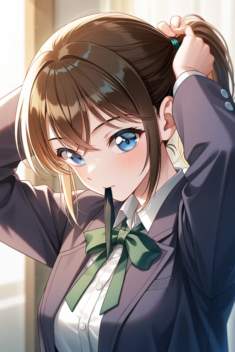 a woman, green eyes, shoulder length hair, dark red auburn hair with blonde highlights, small-medium breasts, smiling, blushing, black uniform, high school hallway, woman in her 20s, realistic, photorealistic, photo-realistic:1.37, best quality, 4k, 8k, highres, masterpiece:1.2, ultra-detailed, HDR, UHD, studio lighting, ultra-fine painting, sharp focus, physically-based rendering, extreme detail description, professional, vivid colors, bokeh, portrait