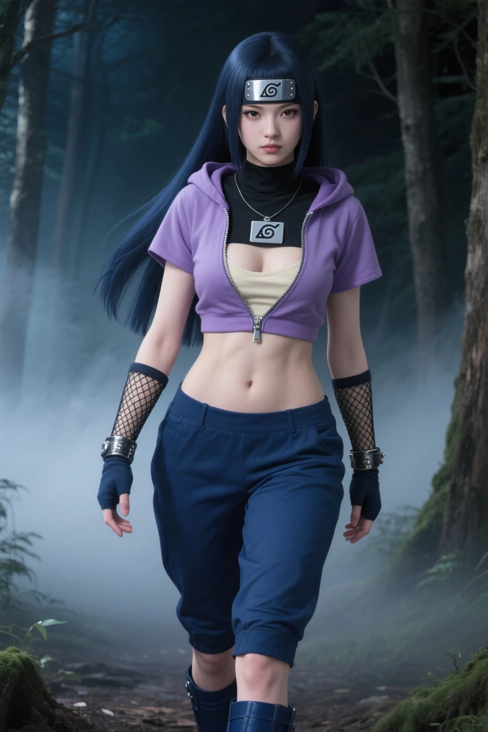 Moisturized skin, (bright gradient eyes), perfect body,
BREAK,
(beautiful navel), (kunoichi), (ninja), sexy, (kunai), (leather), fishnet, (fishnet stockings: 1.2), (blush), (black clothes), (embarrassed expression: 1.3), (black hot pants: 1.3), bright red lipstick,
BREAK,
(long silky black purple hair: 1.3), (long bangs at the end: 1.2), (straight bangs: 1.3), (Hyuga Hinata hairstyle),
BREAK,
((masterpiece + highest quality + high resolution + highly detailed)), (full body: 1.2), symmetrical, one shot,
BREAK,
(city street), (strong wind blowing: 1.5),
BREAK,
(Hirose Suzu: 1.4), (Hyuga Hinata: 1.3), elegant,