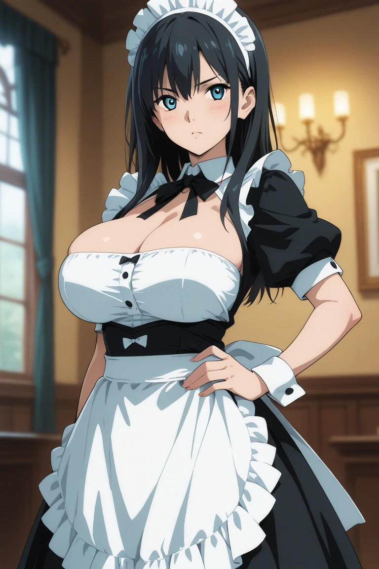 masterpiece, best quality, <lora:kzseraphim-nvwls-v1-000009:0.9> kzseraphim, ponytail, maid headdress, maid uniform, apron, black dress, skirt hold, large breasts, cleavage, hallway, looking at viewer