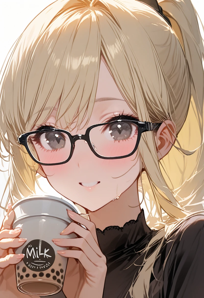 (masterpiece, best quality:1.2), 1girl, solo, Android 18 from Dragon Ball, ((plain purple crop sport bra)), (dolphin shorts), small breasts, short blonde hair loose, ((close eyes)), earrings on earlobes, slender feminine figure, narrow waistline, skinny body, light blush, drinking, holding a cup of hot water, natural lighting and shadows, magnificent view, blur background, 4K, blunt bangs, portrait, cleavage, morning, simple, organized kitchen, white base modern cute interiors, beautiful armpit, wearing glasses, flipped hair, steam, cute kettle,