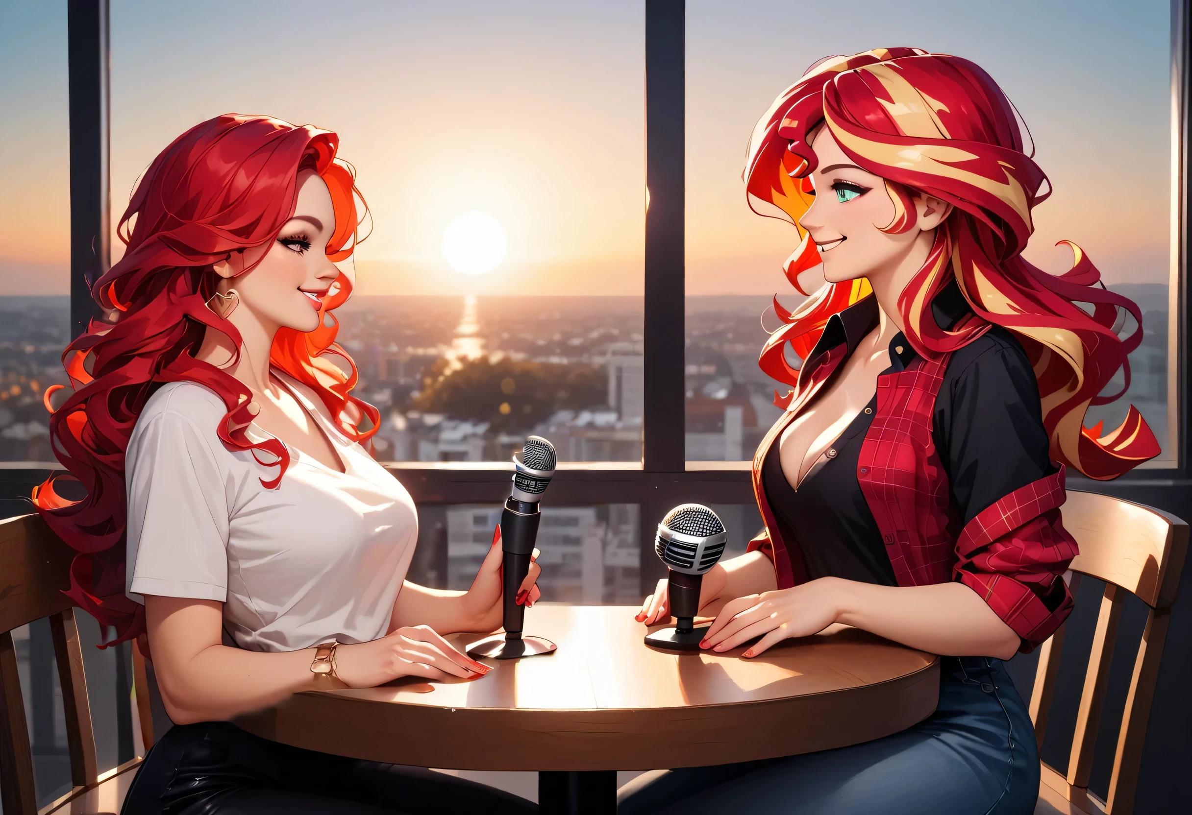 a beautiful red-haired woman with beautiful curves and long red hair wavy at the ends wearing a black t-shirt and an unbuttoned red plaid flannel talking smiling with a purple microphone with wings on the sides in front of her she has one hand resting on her chin