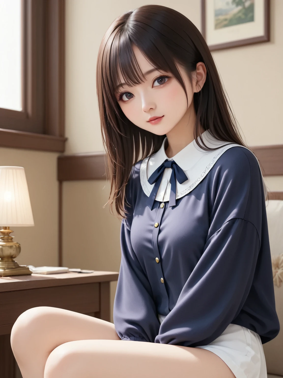 ltra-detailed,highly detailed,best quality,masterpiece,illustration,realistic,
yukinoshita yukino, 1girl, solo, cosplay,upper body,
long hair, bangs,hair between eyes,ahoge, hair ribbon,
neck ribbon, short cardigan, collared dress,long dress, sleeves past wrists, hat,
socks, loafers,
looking at viewer,sitting,full body,
indoors, bedroom,on bed,
<lora:yukinoshita yukino_yhz_v1_02:0.7>