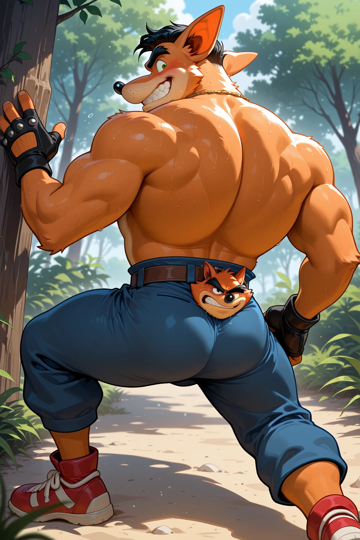 By Haps, 1boy, abs, animal ears, bara, belly, chest harness, erection, feet out of frame, flaccid, foreskin, furry, furry male, gloves, harness, large pectorals, looking at viewer, male focus, mature male, muscular, muscular male, navel, nipples, nude, orange fur, pectorals, penis, plump, short hair, smile, solo, stomach, tail, testicles, thick eyebrows, thick thighs, thighs, tiger boy, tiger ears, uncensored
