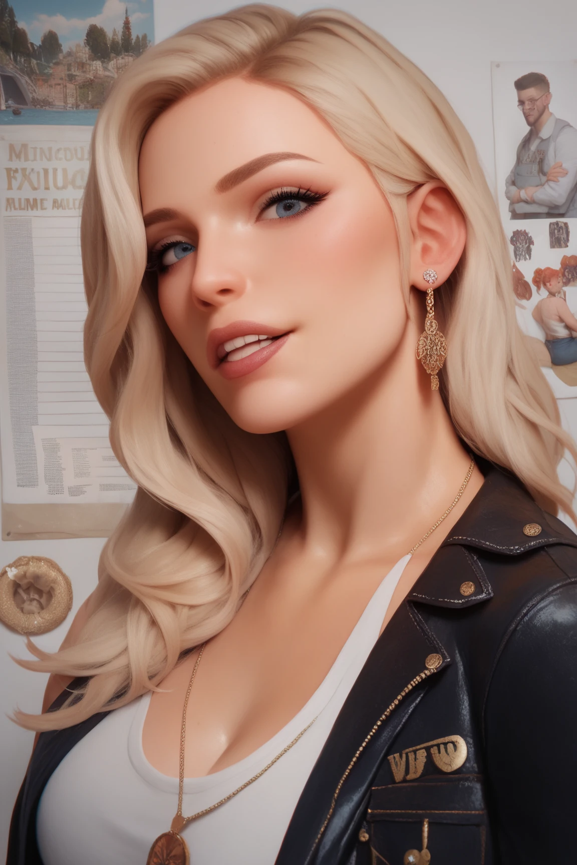 best quality, pretty face, there woman with tattoos sitting at a table in a restaurant, beautiful realistic upper body, realistic shaded, detailed upper body, with tattoos, inspired by Valéria Dénes, with long blond hair, her gaze is downcast, !!posing_as_last_supper, [ 4 k photorealism ], highly detailed upper body, detailed skin, mysterious coffee shop girl, blue outfit, blue eyes, glowing skin