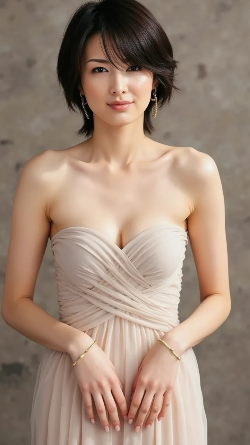 masutepiece, Best Quality, hight resolution, 1girl in,
(Japanese beautiful girl:1.2),
Professional Lighting, Physically-based rendering, Very cute,
messy long hair,
wavy bob,
over shoulder,
slunt bangs,
big eyes, black eyes,
extremely detailed eyes and face,
(eyes with beautiful details:1.2),
mature, 45 years old, ssmile,
White dress with tight fitting to the body, cleanness, Strapless,
sexy dress, transparent,
(large full breasts:1.25),(constricted hips:1.25),(Protruding chest:1.1), (Exposing breasts:1.2), (cleavage of the breast:1.1),
perfect body, beautiful body line, sexual excitement, Sexual expression, sensual atmosphere,
Detailed depiction of the dress, Standing in a marble hall,
captured with a high-resolution lens like Nikon AF-S NIKKOR 85mm f/1.8G, hyper realistic, 8K,
extremely closeup shot, shoot from side, looking at viewer, The fountain