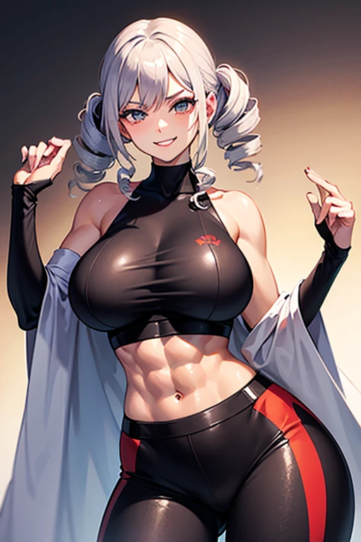 Adult woman, white hair in a long braid, golden eyes, muscles, Turquoise top, red shorts, Tonfa, white lipstick, smirk, Masterpiece, hiquality