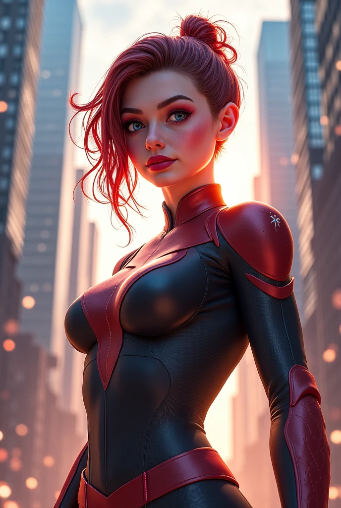((three-quarters of body)), short bob style hair, (RAW, analogue, Nikon Z 14mm ultra wide angle lens, award-winning glamor photography, ((best quality)), ((masterpiece)), ((realistic)), skin pores, subsurface scattering, light rays radiant, high resolution, detailed facial features, high detail, sharp focus, soft, aesthetic, extremely detailed (extremely detailed eyes, extremely detailed iris), extremely detailed hair, extremely detailed skin, extremely detailed clothing, octane rendering, photorealistic, realistic , post-processing, maximum detail, realistic shadows, roughness, natural skin texture, real life, ultra-realistic, photorealism, photography, 8k UHD, photography, hdr, intricate, elegant, highly detailed, sharp focus, stunning, beautiful, magnificent), detailed and Beautiful and realistic 24 year old girl like Marvel's Spiderman, ((blue eyes)), makeup, soft red painted lips, full body visible, (red hair), realistic skin, photorealistic, realistic and cinematic shot (wallpaper CG unity 8k extremely detailed), trending on ArtStation, trending on CGSociety, high detail, sharp focus, dramatic background, beautiful, full shot, high quality, (beautiful face), (detailed face), detailed hands, beautiful hands