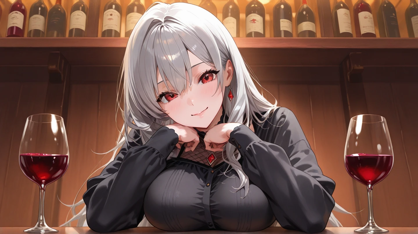 tomoe gozen, 1person, red eyes, cute smile, hair between eyes, silver hair, very long hair, oni horns, looking at viewer, open blouse, small cleavage, skirt, (best quality,4k,8k,highres,masterpiece:1.2),ultra-detailed,(realistic,photorealistic,photo-realistic:1.37),torino style,vivid colors,professional,HDR,UHD,studio lighting,ultra-fine painting,sharp focus,physically-based rendering,extreme detail description