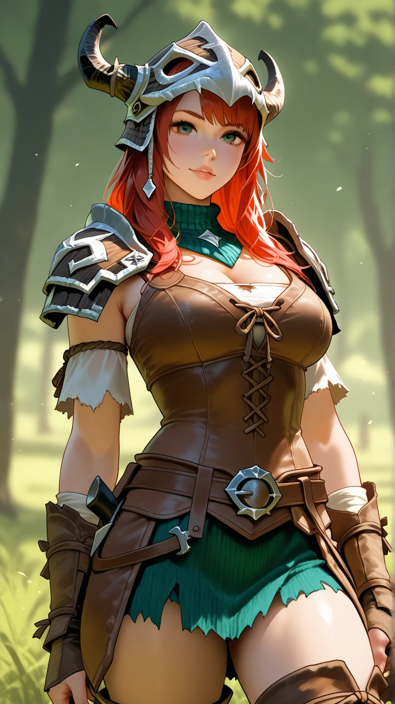 adult girl, long curly orange hair, The Witcher's Yellow Eyes, Green sleeveless top, open belly, musculature, leather armour, sword, Masterpiece, hiquality