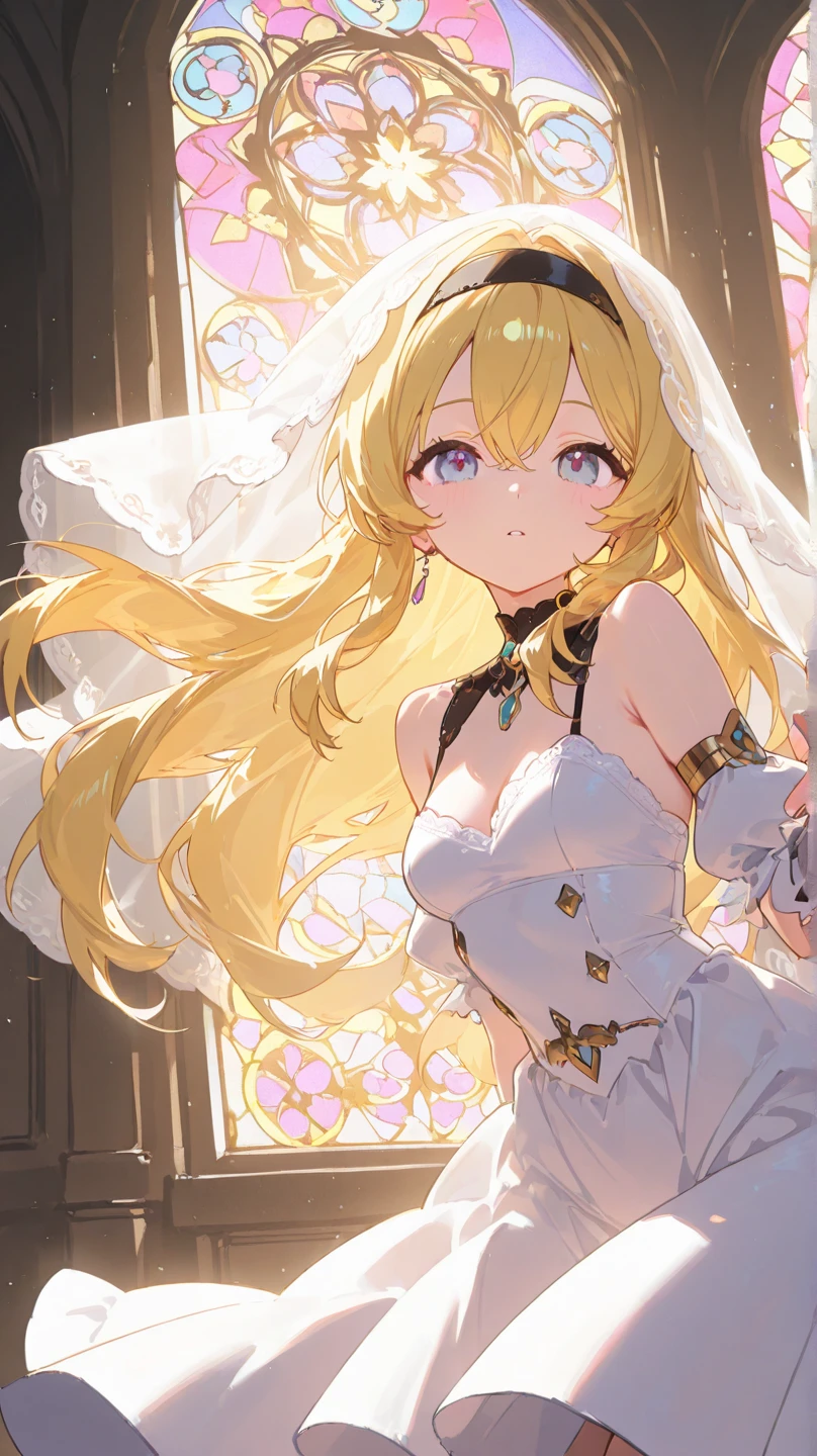 수도원 안, 성수, solo, gold hair, long hair, white Veil, pretty, saint, Off-shoulder top, b cup breasts, white skirt, white panties, blue eyes, detail eyes, loraeyes, happy, smile, anime, white thigh-highs, blue shoes, ((Best Quality)), ((Masterpiece Work)), (Detailed), fullbody, soft lighting, volumetric lighting, intricate details, finely detailed, bloom, ambient occlusion, glow, glowing lights, light particles, transparent, depth of field,