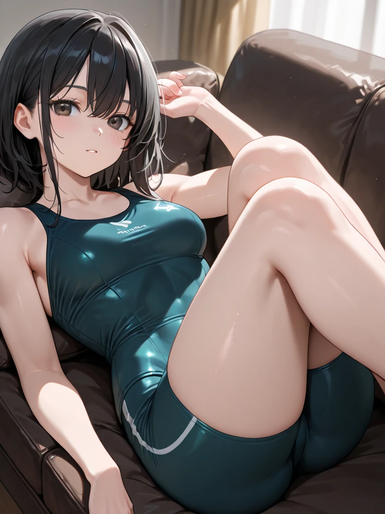 ((best quality)), (detailed), visage parfait, long black hair, yellow eyes, corp parfait, full body, blue swimsuit, competition swimsuit, black pantyhose, spread legs, vue de face, hands above head,