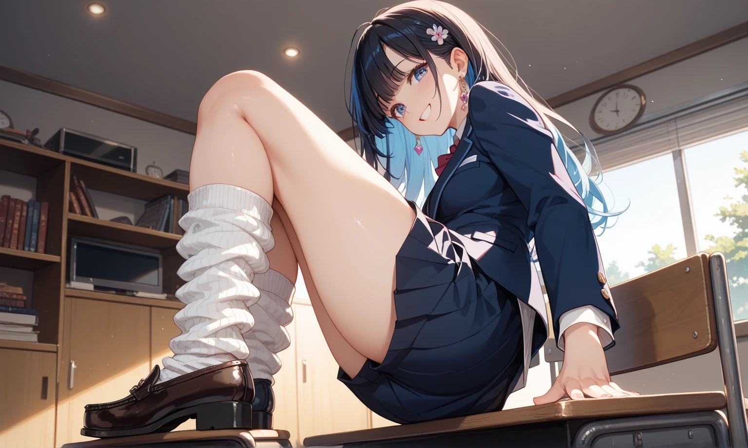 professional women, 1 girl, make out, (shiny big), (bangs), (sweaty: 1.3), background blur, tie(blue zebra print panties)、20 year old gal woman photo, ties, (large floral lace pan、sitting, panty shot, Spread your legs in shiny blue zebra print pan、long sleeve knit dress mini、socks, silver hair,(highlight pink) curly hair、high heels、black fishnet tights、blue zebra print panties、ties、off shoulder、,(I can see the bra) loafers, realistic, lips, brown eyes, Black socks, tie,Dark blue pleated masterpiece, highest quality, Super detailed, after school school, sitting on classroom chair and spreading your legs, angle from below, Glossy skin, shiny skin, shiny skin, layer cut,big breasts、Very large 、Lots of sweat dripping down my thighs、Beautiful eyes like a doll、sweaty crotch、A large amount of drops drip from the crotch(1.8)