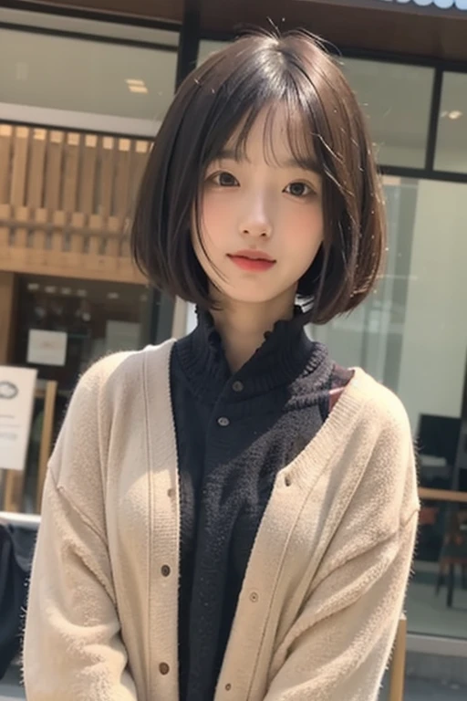 Full Body Shot,standing,V-neck-sweater,A-line skirt, Japanese Girls, 17 years old, smile, Short Hair,Black Hair,Constricted Bob Hair,boyish, smile
