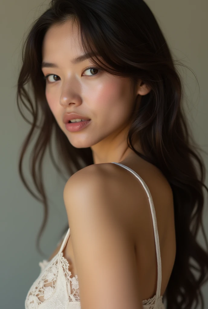 masterpiece, best quality,facing viewer,middle age female,Greek goddess's demeanor, melon seed face, ((slender eyes)), mole under eye,brown eyeballs, thin lips, blonde hair, very long hair, closed mouth and smile, self-portrait, Simple background,white dress,