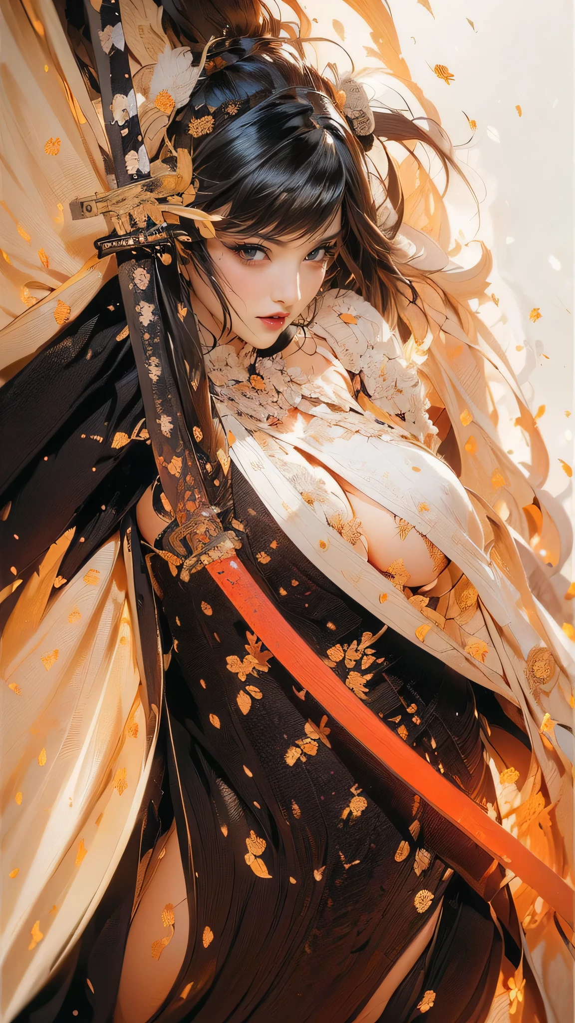 masterpiece,Picture,Top quality,8k,Highest image quality,ultra-detailed,super detailed skin,perfect anatomy,detailed,official art,young woman,1girl,warrior,( wielding a Japanese yari spear with great force:1.6),(eye close-up:1.8),(from front),(Battle Poses),(Swinging a sword forward in a leaning attack pose:1.6 ),(very long hair:1.6),(black hair:1.8),((red eyes)),glistening skin,muscular,(cleavage,huge breasts:1.8),(sideboob:1.6),(seductive smile),((Samurai armor:1.8 )),((long-shoulder-length cloak with red lining:1.6)),gypsy skirt,garter belt,white tights,zettai ryouiki,(high-key lighting, front light, subtle shadows, combined with colorful lighting),((white background:1.8)),(A field of blooming Angelica flower in full bloom :1.6), Brilliant Appearance ,Extremely detailed, Imaginative,sensual ,Top quality, skin texture,rawPicture, 8k, masterpiece, Top quality,ultra detail referring to pixiv,very detailed, Intricate Details ,high resolution,超Intricate Details,very detailed 8k cg wallpaper,
