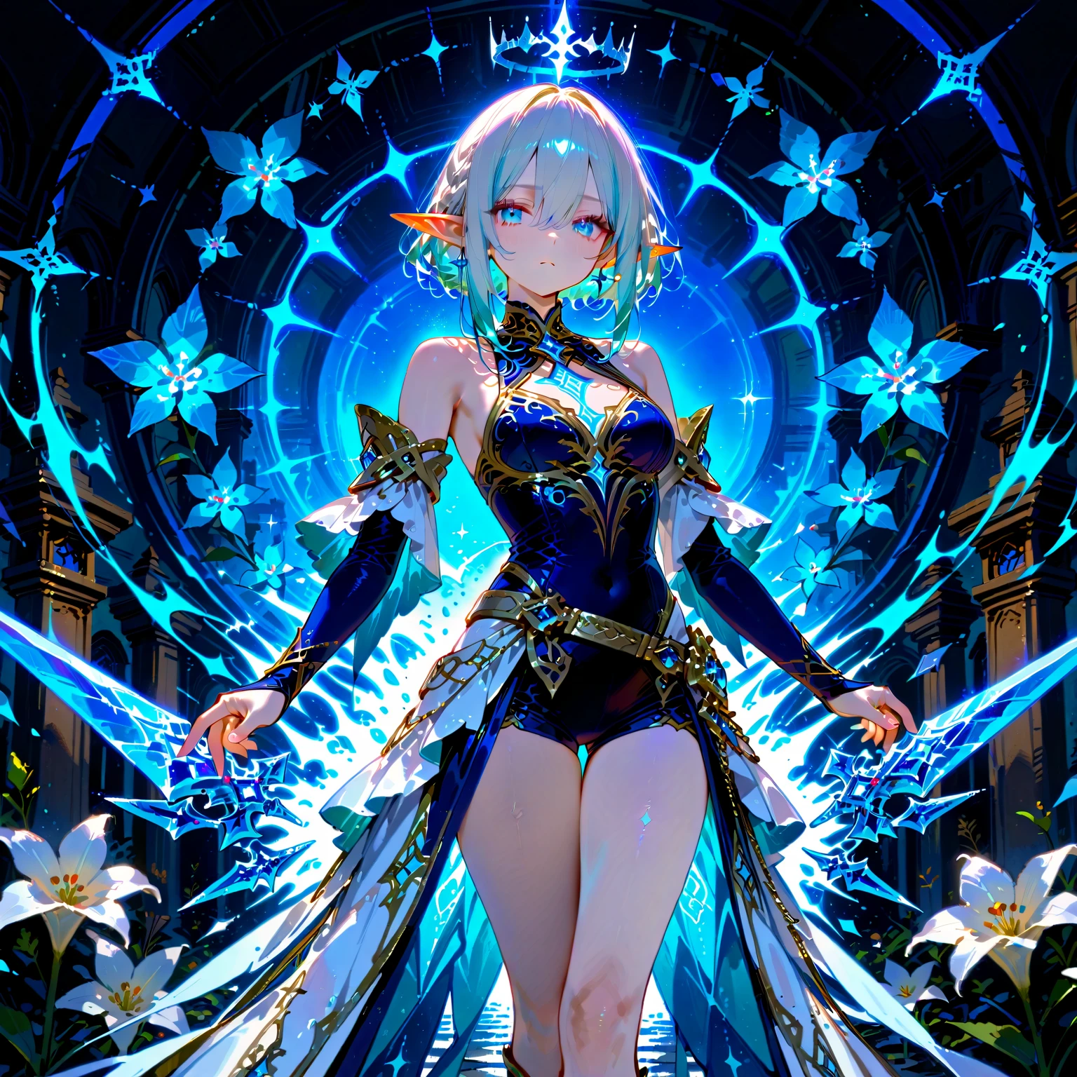 (Masterpiece)), (((better quality)), ((1 girl)), ((keys) ((elf ears))) White hair with turquoise tones + short and curly hair + long eyelashes + turquoise eyes + soft and female features + average height + female body + thick thighs + medium chest + medium hips + defined body ((without shoes only tape ((Clothing and Accessories Colors: Blanco, Dorad, Plata, Aguamarina and Gray))