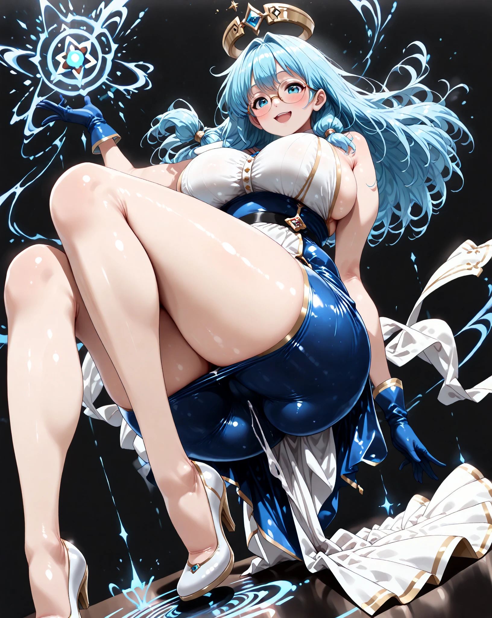 a girl with a lascivious body with red camersi eyes with a symbol in her pupils in the shape of a heart long black hair with blue fire streaks with big breasts and sexy hips wearing a blue micro bikini in a suggestible pose with a full body ahegao face