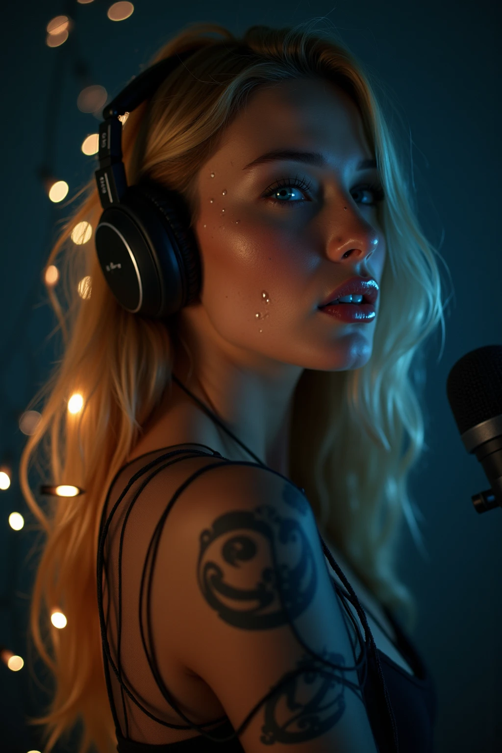 a mermaid disguised as a human,radio host,night time,radio station on top floor of tower in pacific northwestern woods,highly detailed,cinematic,dramatic lighting,fantasy,photorealistic,8k,ultra-detailed,masterpiece,realistic,vivid colors,beautiful face,detailed eyes,detailed lips,long eyelashes,beautiful skin,elegant expression,warm lighting,cozy atmosphere,detailed interior of radio station,sound equipment,glowing monitors,books and papers,potted plants,wooden furniture