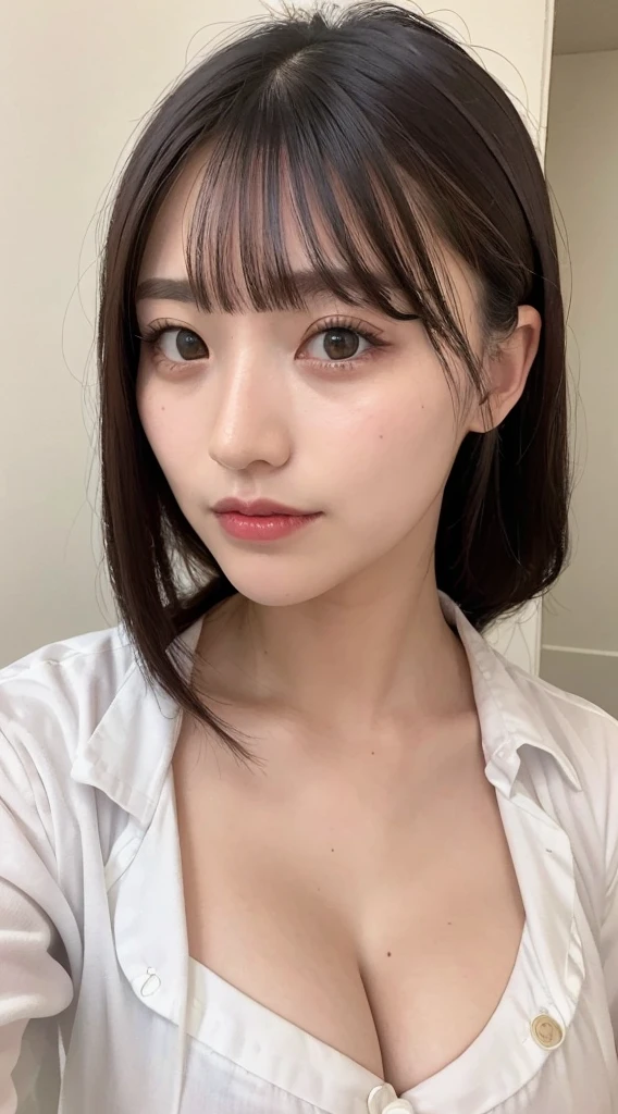 ((top-quality、8K、masterpiece:1.5))、One girl、(Unhealthy face)、(Letter to)、Blunt bangs、(Lots of bangs:1.3)、(full body Esbian:1.4)、(Symmetrical face)、hyperdetailed face、Ultra detailed mouth、A detailed eye、Detailed ears、Slim Faces、(selfee:1.3)、(off shoulders)、(Armpit)、(Looking Up)、(From above)、(Straight long hair、Ahoge:1.3)、(Upper Eyes)、the background is blurred、(Detailed white loose t-shirt:1.2)、(Detailed lace bra:1.05)、(Slouched:1.8)、lipgloss、(Beauty Salon)、(turning off lights)、