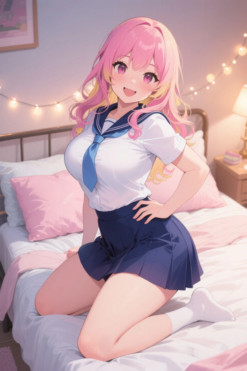 young woman, 21 years old, curvy body, Short Plaid Skirt, stockings, topic, Long pink hair, smile, sitting on the bed, cozy atmosphere, Night outside the window,