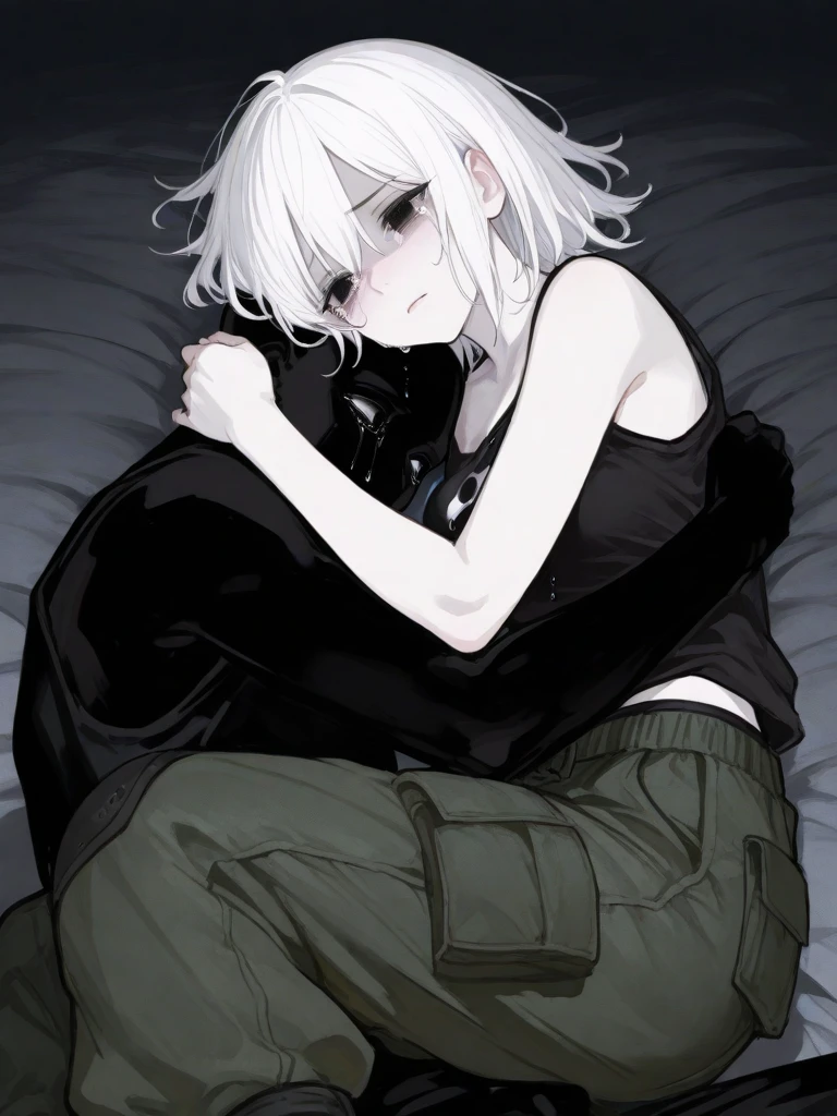 your character, belonging to the Boku no Hero universe, is lying on a soft surface, probably a bed or a sofa, with a posture that denotes tranquility and a pinch of melancholy. His body is slightly tilted to his left side, allowing her long silver hair to spread in soft waves around her head. Soft, violet lighting bathes the scene, highlighting the pale tone of her skin and creating an ethereal contrast with her silver hair.His eyes are half closed, with a distant, thoughtful look that suggests she is deep in thought. Her long eyelashes cast delicate shadows on her cheeks.. She rests her head on her left arm., which is bent at a comfortable angle under your head, serving as a kind of makeshift pillow. His left hand is relaxed, fingers slightly curved.Your character's right hand is extended forward, resting gently on the surface it is on. His fingers are slightly apart, as if she was delicately touching something invisible in front of her. Violet light creates a soft glow around your figure, highlighting the details of her serene face and the locks of her hair.His facial expression is serene, with a slight sadness that adds depth to its ethereal beauty. The violet highlights in her hair and skin give her an almost supernatural air., as if it belonged to a world between reality and fantasy. The stillness of the scene conveys a feeling of peace and reflection, inviting the viewer to immerse themselves in the thoughts and emotions of your character.