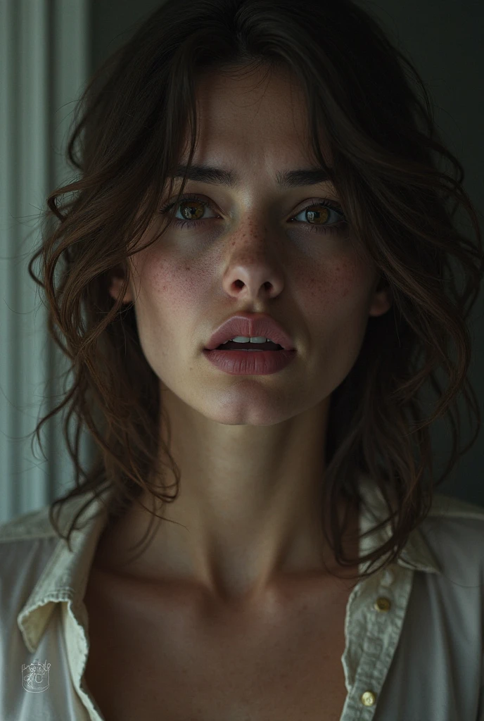 a view from inside house, a beautiful woman, by Luis Royo style, escaping the
bright heat in a post apocalypse world, grimy sweaty, long dark messy hair,
perfect symmetric eyes, torn dirty simple string clothing,
extremely detailed, photo realistic