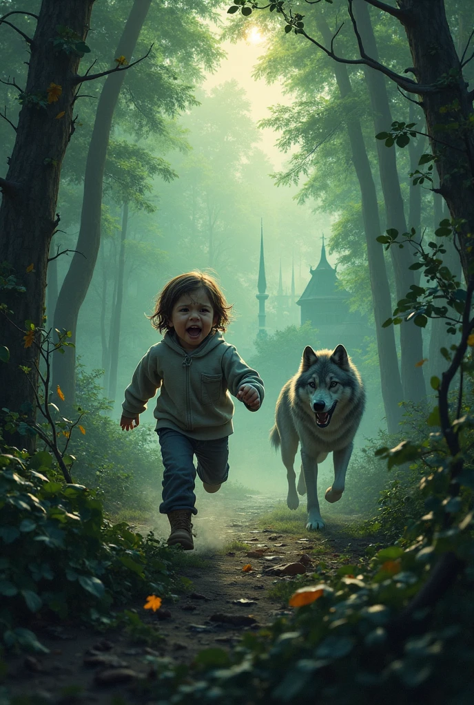 Realistic dragon protecting a human child from a pack of wolves