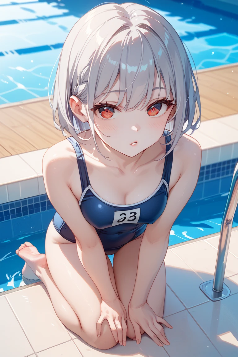 high quality、最high quality、Complete limbs、Ultra-high resolution、Full Finger、short hair、Gray Hair、Slender beauty、Wearing a yellow swimsuit