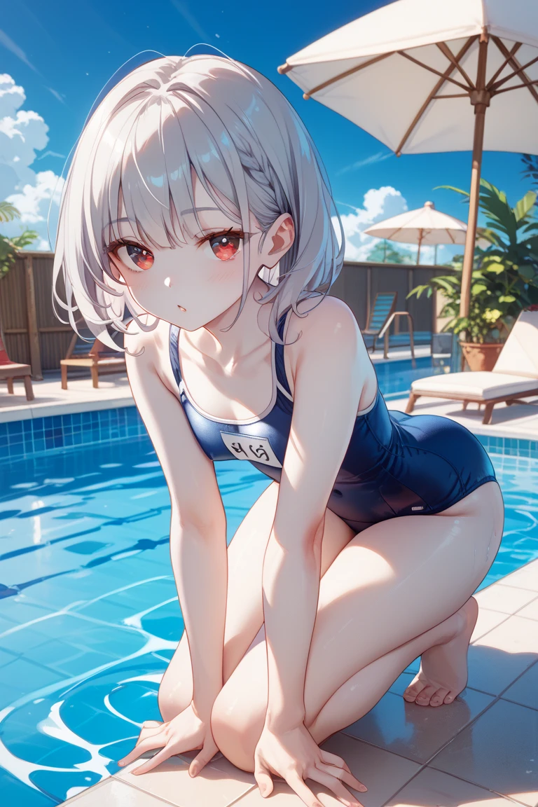 high-level image quality、top-quality、Full limbs、complete fingers、Slender beauty、1 persons、ssmile、embarassed expression、Chemo-eared、tail、Yellow School Swimsuit、Blue knee high、standingn、Grow legs、Turn around、Moon、fullmoon