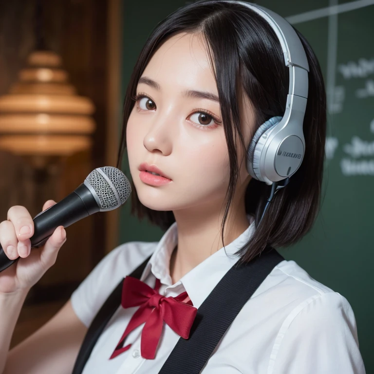 masterpiece , Highest quality , Very detailed , 8k , Cute Woman , One girl , blouse , bangs , smile , White teeth , Symmetrical eyes, 半袖blouse、mini skirt、Red Heels、Summer daytime、I can sit in a chair and listen to a lecture in a campus classroom.、