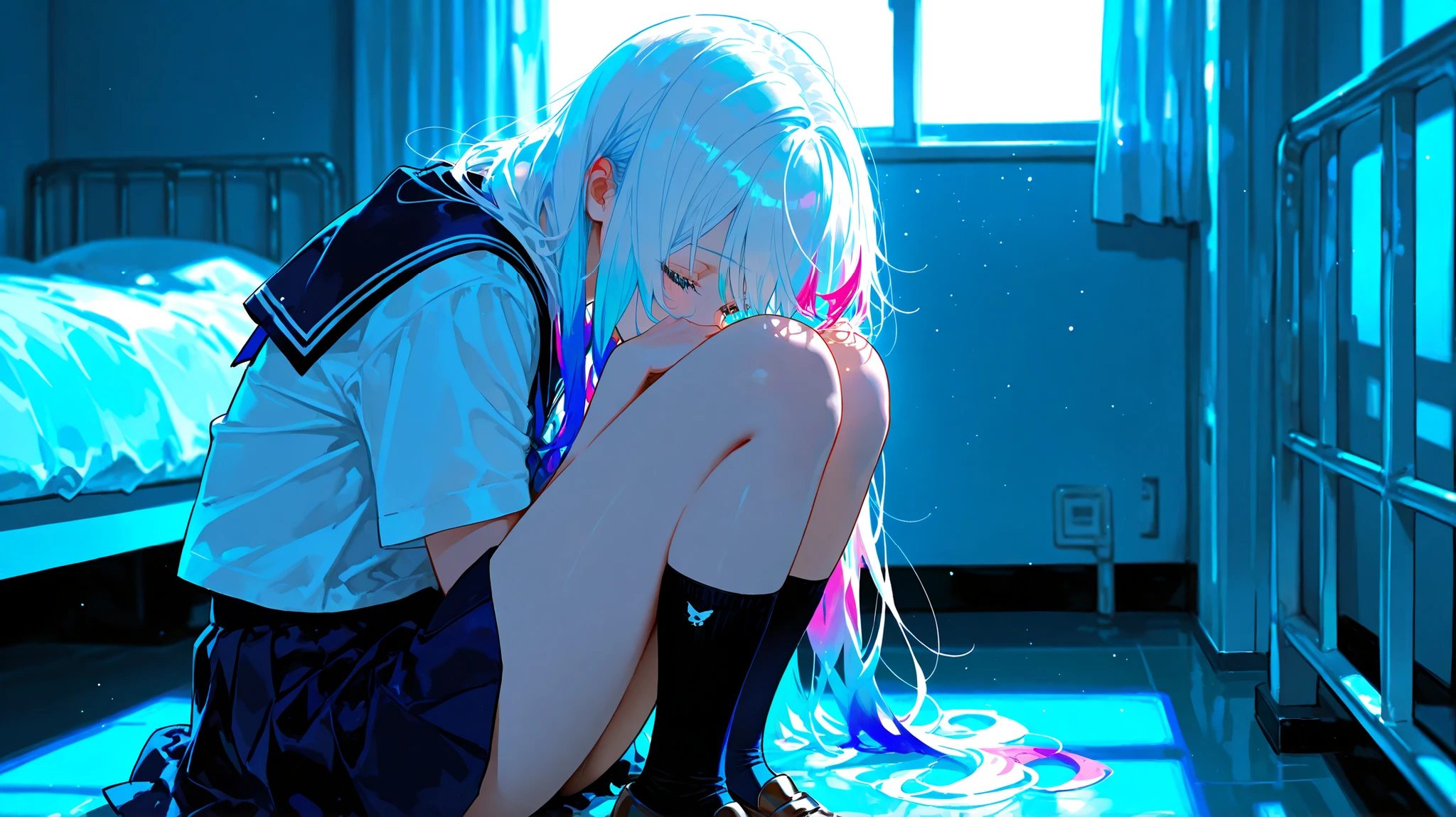 1girl, white hair, multicolor hair, school uniform, sitting alone in a dimly lit room
