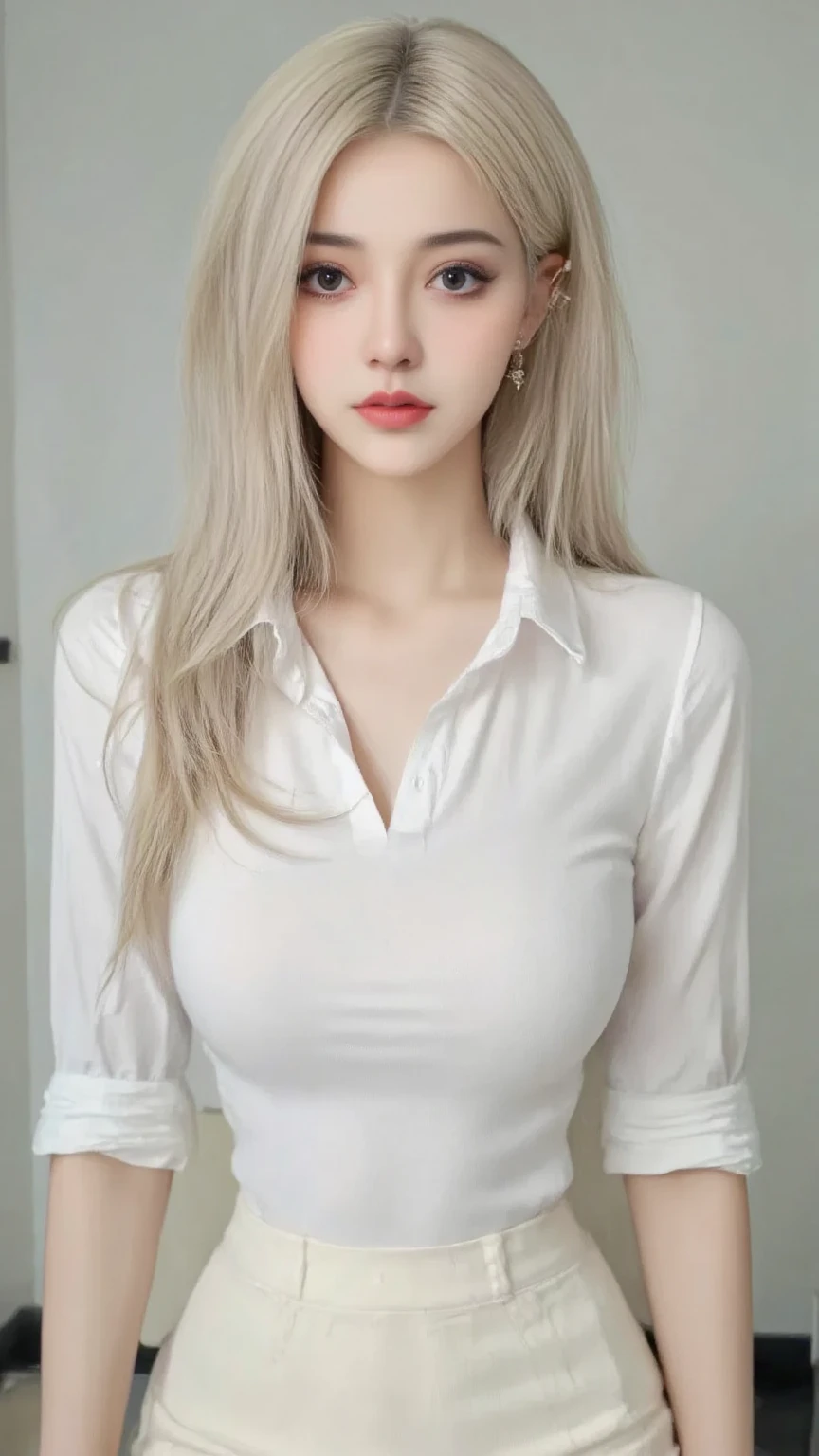 (((Shorts、blouse、Big Breasts、White background)))、forehead、Northern Europe、Russia、beautiful girl、Platinum Blonde Hair、Straight long hair、Hitting the face and front of the eyes、Big blue eyes、Sheer white and wet nightgown、Northern Europeの若者、Perfect body、White tendons、Glowing Skin、Young and beautiful skin、A perfect and beautiful little face、Bright makeup、Pale pink lips、Bright expression、16-year-old girl、lipstick、Deceptive advertising、Viewer&#39;s vision、Golden Hour Lighting、Bokeh Atmosphere Perspective、detailed、Movie Light、複雑なdetailed、High resolution、 フェイスデザインのdetailedな特徴、Attention to detail、Clear focus、Smoothness、aesthetics、Printed、Octane、{{masterpiece}}