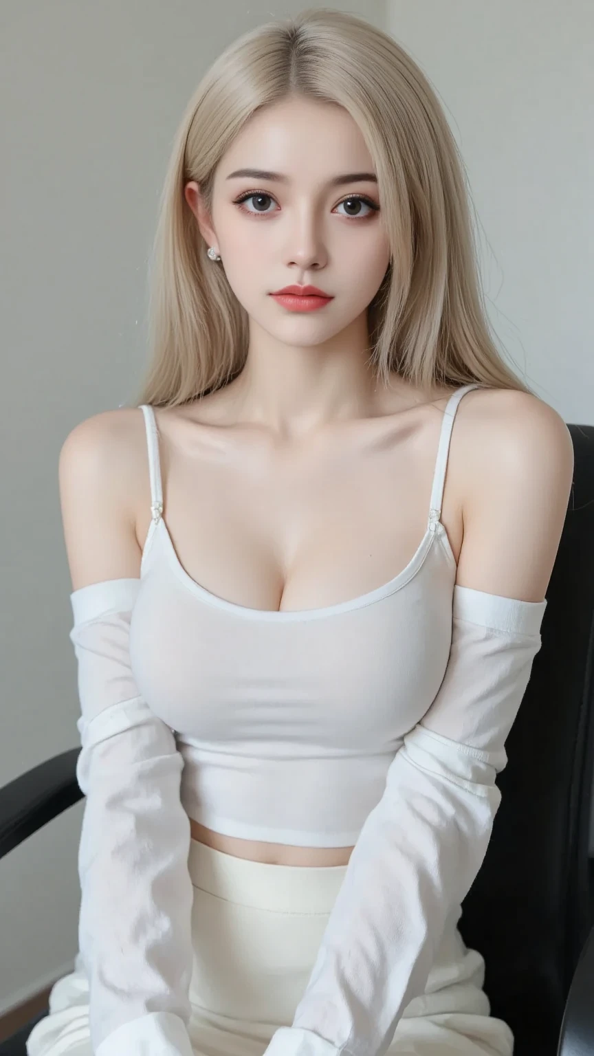 photorealistic:1.35, high resolution, 1 girl, white hair, blue eyes, slender figure, medium breast, stretch white shirt, tight black shorts, thick thighs