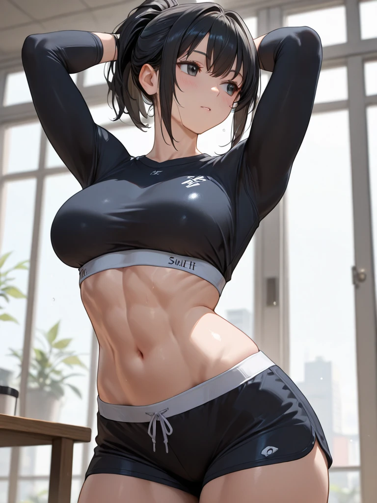 masterpiece, highest quality, High resolution, black hair,short hair,boyish girl,dark skin,school gym clothes,tight shirt,bloomers,bloomersがpussyに食い込む,sweating,It's hard to breathe,after exercise,Dim gymnasium,sitting on a folded mat,front,blush,Navel exposed,abs,bold pose,sunset shining through,perfect body with natural shadows