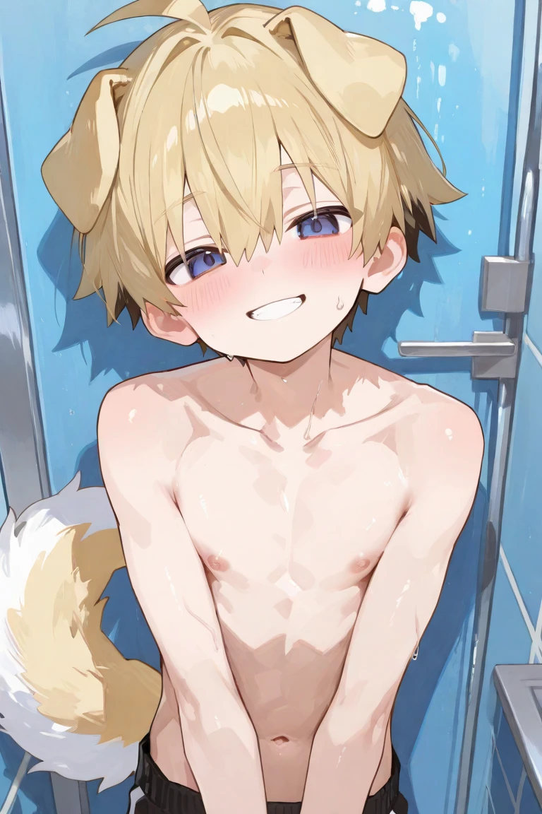 anime model of a blonde boy, With bright green eyes, naked showing his penis, normal size, a beautiful and bright smile, a face as cute as that of a god and beautiful
