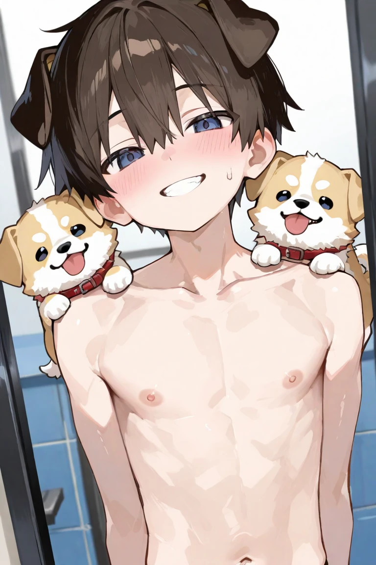1man with short fluffy brown hair, kind face, blue eyes, tall, smile kind, nude, in bathroom, big cock