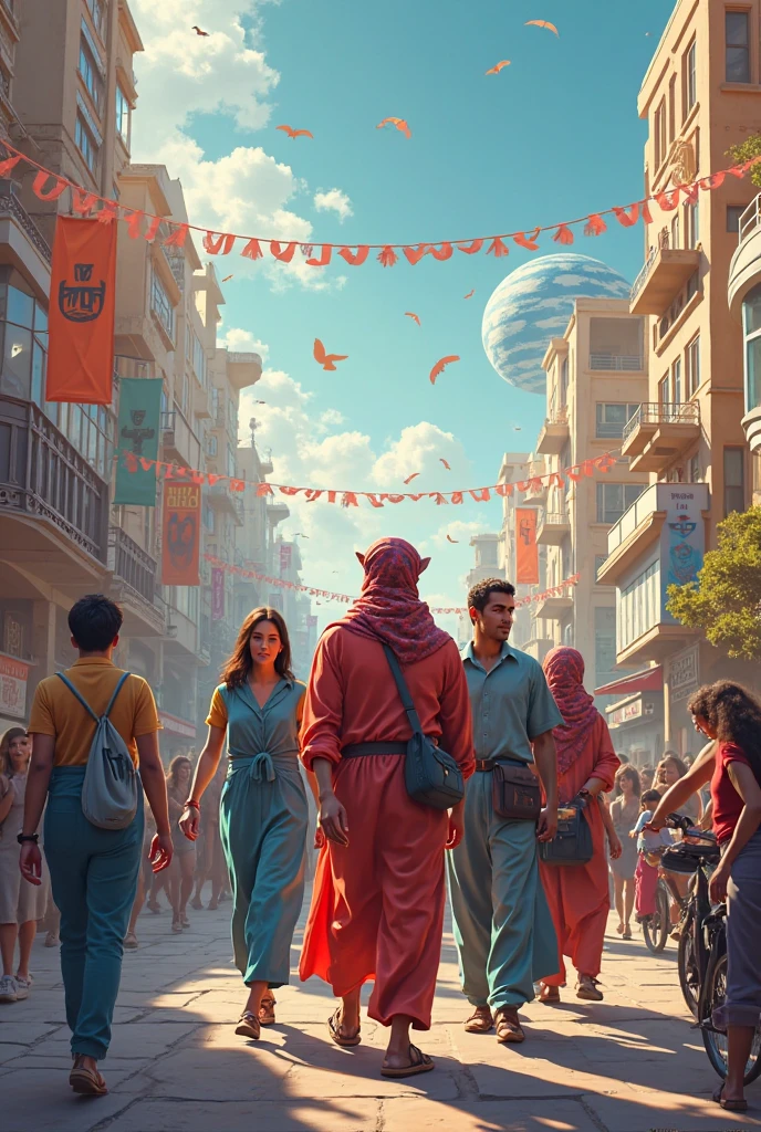 (Portray a scene where Jesus and his disciples are walking through a bustling marketplace, engaging with people and spreading their message of love and compassion.), science fiction, complex scene   futuristic, post-apocalyptic
 pink-scene, pink-sky
(  ink sketch by Enki Bilal)((masterpiece, best quality, )),