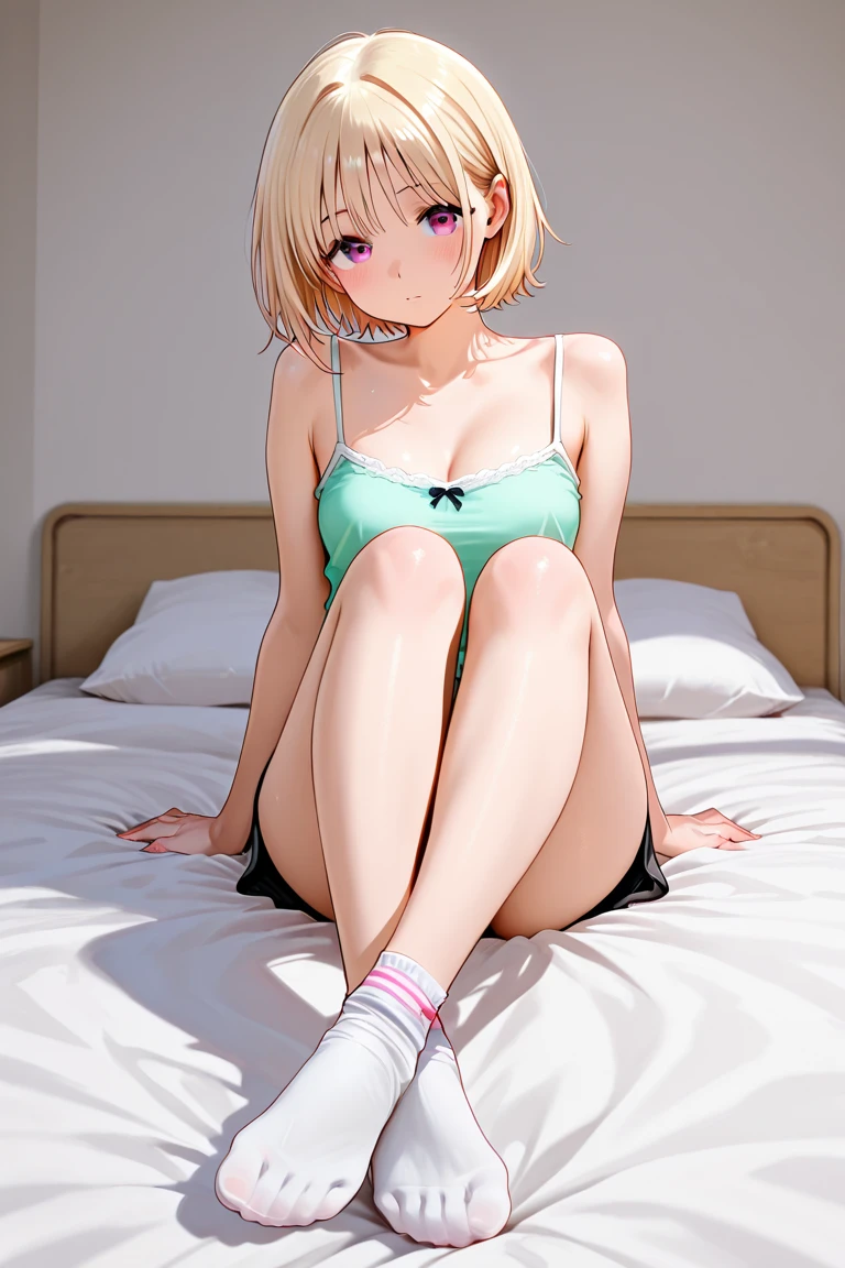 (masterpiece, best quality, hires, high resolution:1.2), (sexy, erotic), (1girl, solo), (young woman), (a sexy woman), (expressive green eyes), (short blonde hair), (bang), (girl slouched on couch with open legs), (girl wear short loose tanktop), (girl wear tight striped panties), (small breast), (very hot day), (girl is sweating on the couch while watching TV)