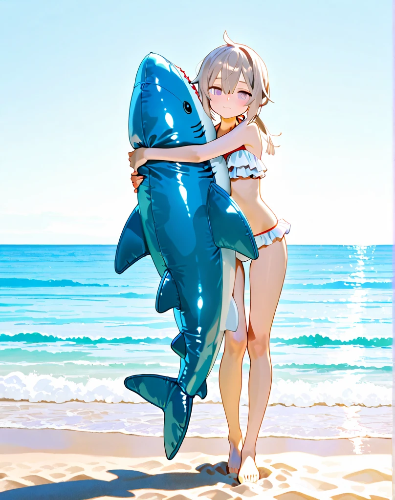 masterpiece, Highest quality,pastel colour,smile,Mouth closed,In the shade,Thrust your hips,Gazing into the distance,My chest is crushed by my arms,Dolphin Stuffed Animal,From above,School Swimsuit,peace,Photoreal 1;4,Wet hair Silver hair, {{Beautiful medium sized breasts 1:4}},Highest quality,pretty girl,High Quality Backgrounds, Slanted Eyes, Detail of wrinkles on shirt chest,break, {{Beautiful blue eyes 1:4}}, break, Five Fingers