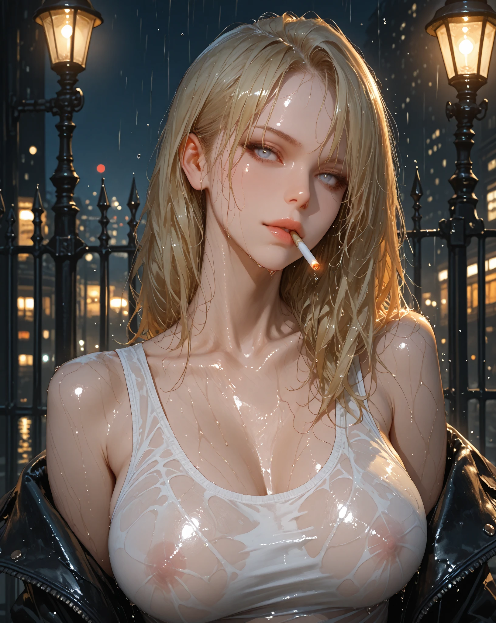 ((Best Quality, 8K, Masterpiece: 1.3)), Sharp: 1.2, Perfect Body Beauty: 1.4, Slim Abs: 1.2, ((Layered Hairstyle, Big Breasts: 1.2)), (Wet White Button Long Shirt: 1.1), (Rain, Street: 1.2), Wet: 1.5, Highly detailed face and skin texture, detailed eyes, double eyelids, side face looking at the camera