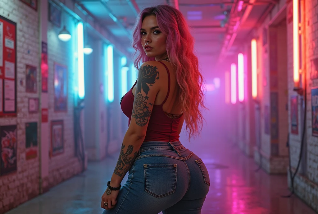 8k, Delicate facial features, ultra-clear, pink white long hair, Abandoned factory buildings, torn shirt, black stockings, thick makeup, smoky makeup, eye shadow, photo with back to viewer, tattoo, cross necklace, sunrise leaning against the wall,